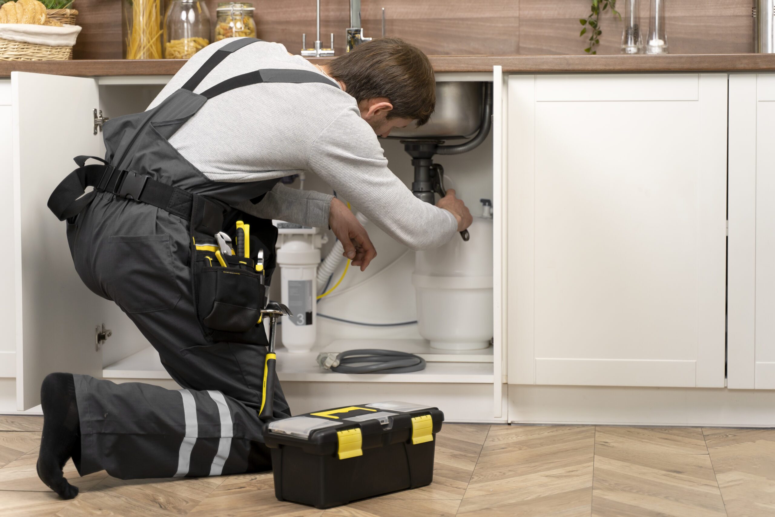 Service technician repairing home plumbing system