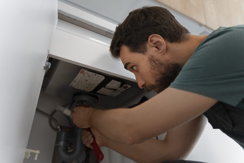 Plumber working under kitchen sink on pipe repair