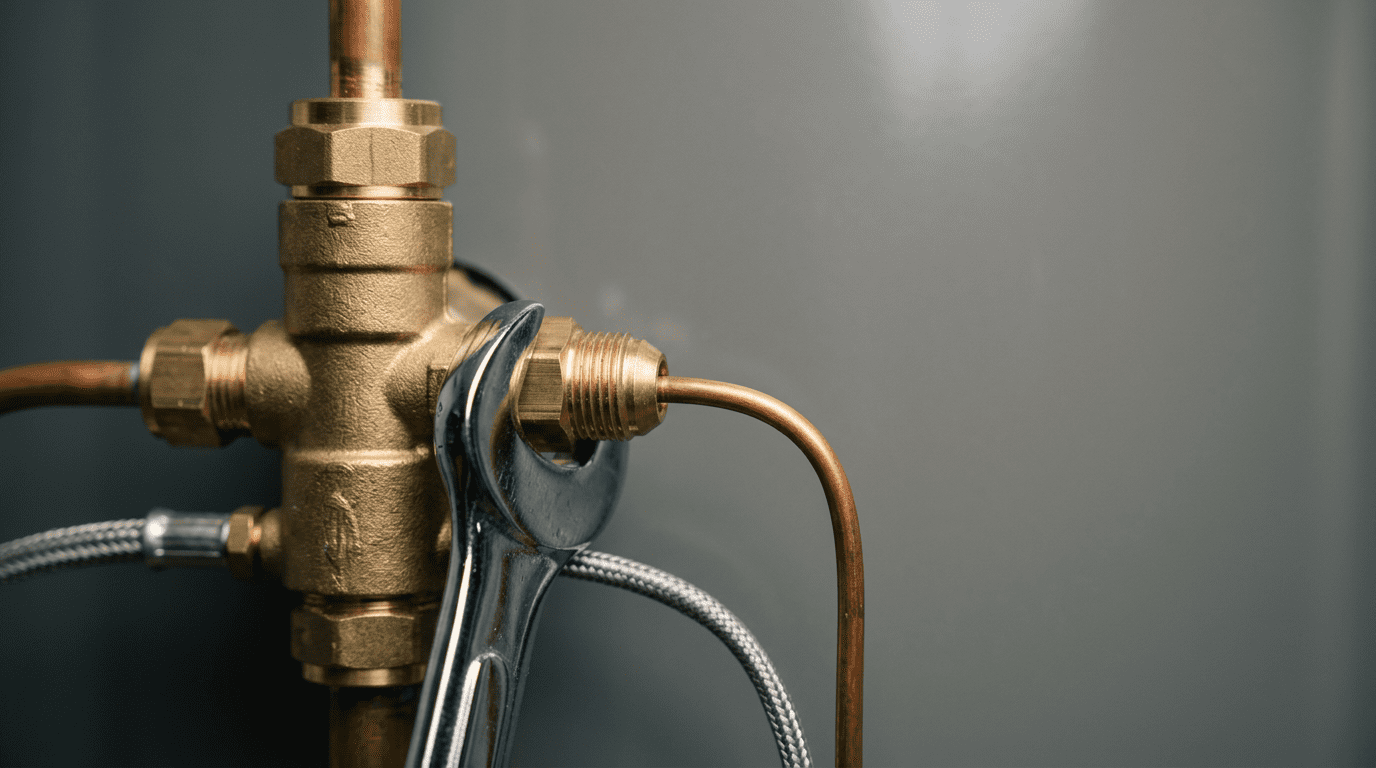 Brass gas control valve with wrench tightening flare nut during water heater installation